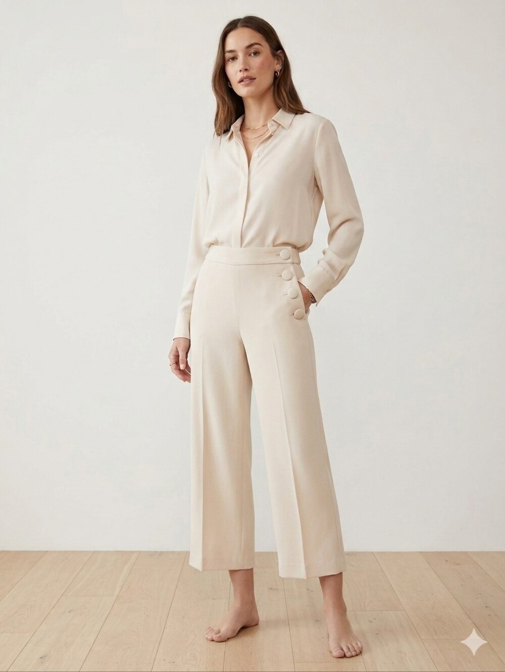 Aritzia Babaton Cream High-Rise Wide Leg Pants with Side Button Detail